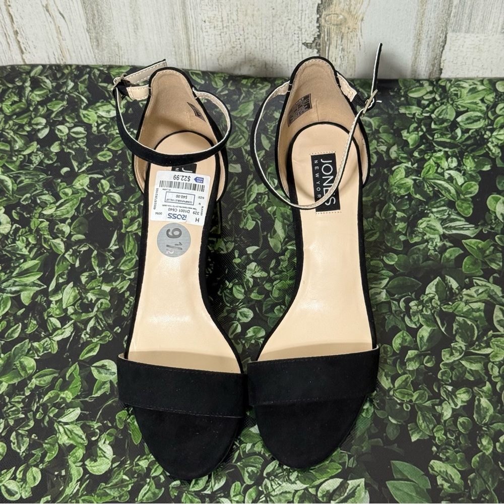 Jones New York Black Suede Heels with Ankle Strap with Gold Trim - Picture 9 of 13